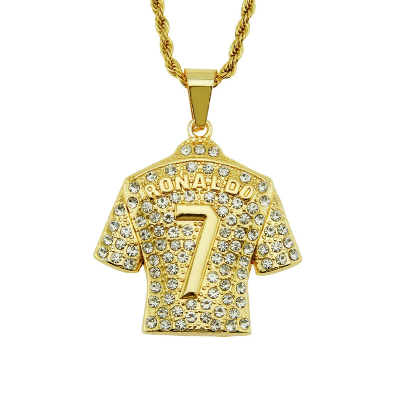 Hip Hop Football 7 Pendant Necklace Stainless Steel Chain Iced Out Bling Rhinest