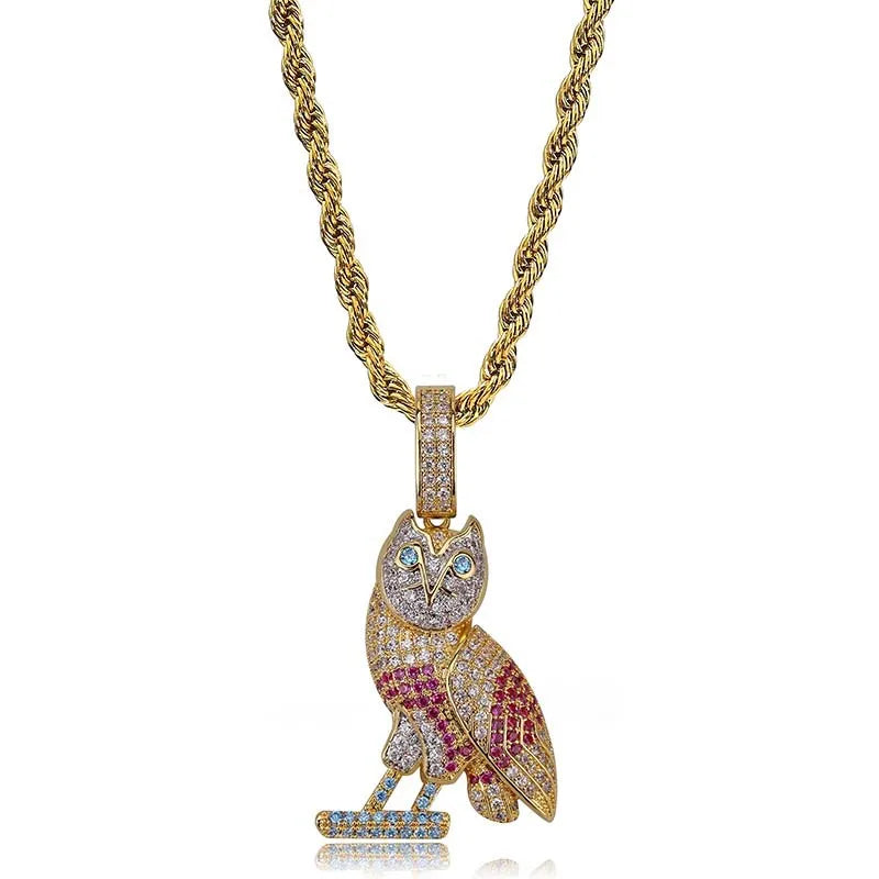 Hip Hop Owl Pendant Necklace for Men Silver
