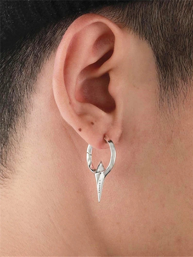 Hip Hop Minimalist Silver Barb Geometric Titanium Hoop Earrings