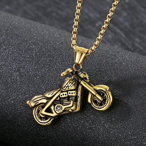 Hip Hop Motorcycle Charm Pendant Necklace Stainless Steel Pearl Chain