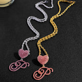 Hip Hop Pink A-Z Cursive Letter Initial Heart Pendant Necklace Women Bling