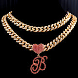Hip Hop Pink A-Z Cursive Letter Initial Heart Pendant Necklace Women Bling