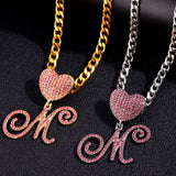Hip Hop Pink A-Z Cursive Letter Initial Heart Pendant Necklace Women Bling