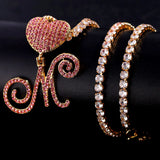 Hip Hop Pink A-Z Cursive Letter Initial Heart Pendant Necklace Women Bling