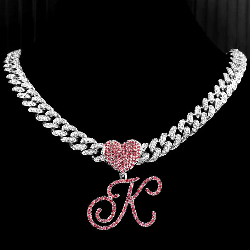 Hip Hop Pink A-Z Cursive Letter Initial Heart Pendant Necklace Women Bling