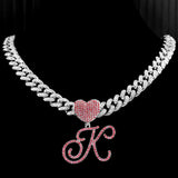 Hip Hop Pink A-Z Cursive Letter Initial Heart Pendant Necklace Women Bling