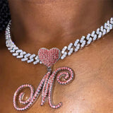 Hip Hop Pink A-Z Cursive Letter Initial Heart Pendant Necklace Women Bling