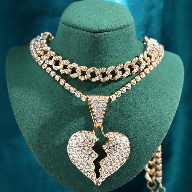 Crystal Heartbreak Pendant Necklace Iced Out Baguette Choker Chain