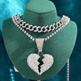 Crystal Heartbreak Pendant Necklace Iced Out Baguette Choker Chain