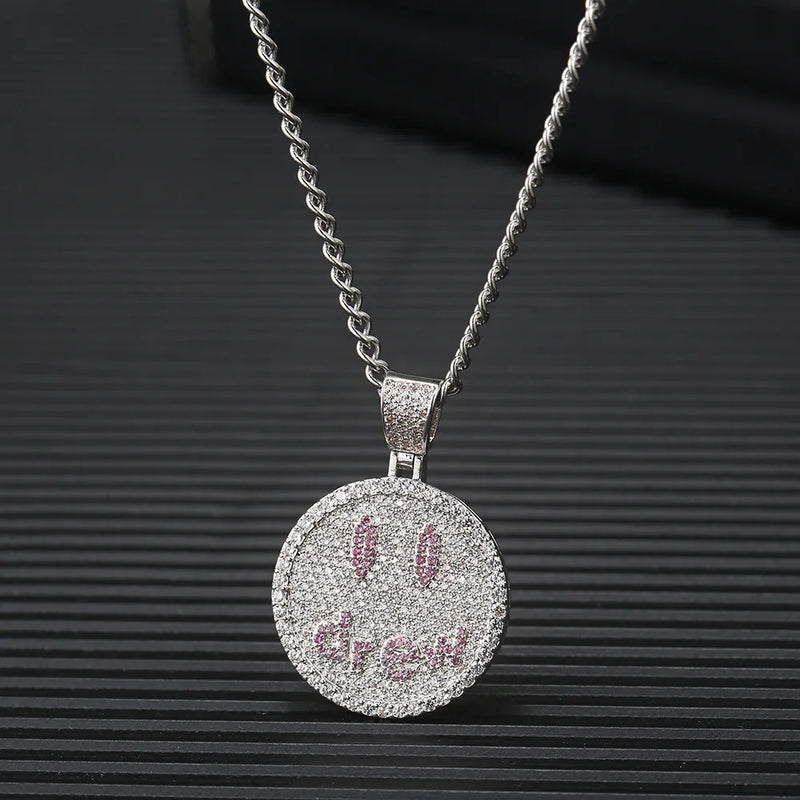 Hip Hop Rapper Jewelry Iced Out Smile Face Round Pendant Charm Necklace