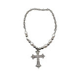Hip-Hop Retro Pearl Necklace Punk Dark Style Cross Pendant Chain
