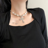 Hip-Hop Retro Pearl Necklace Punk Dark Style Cross Pendant Chain