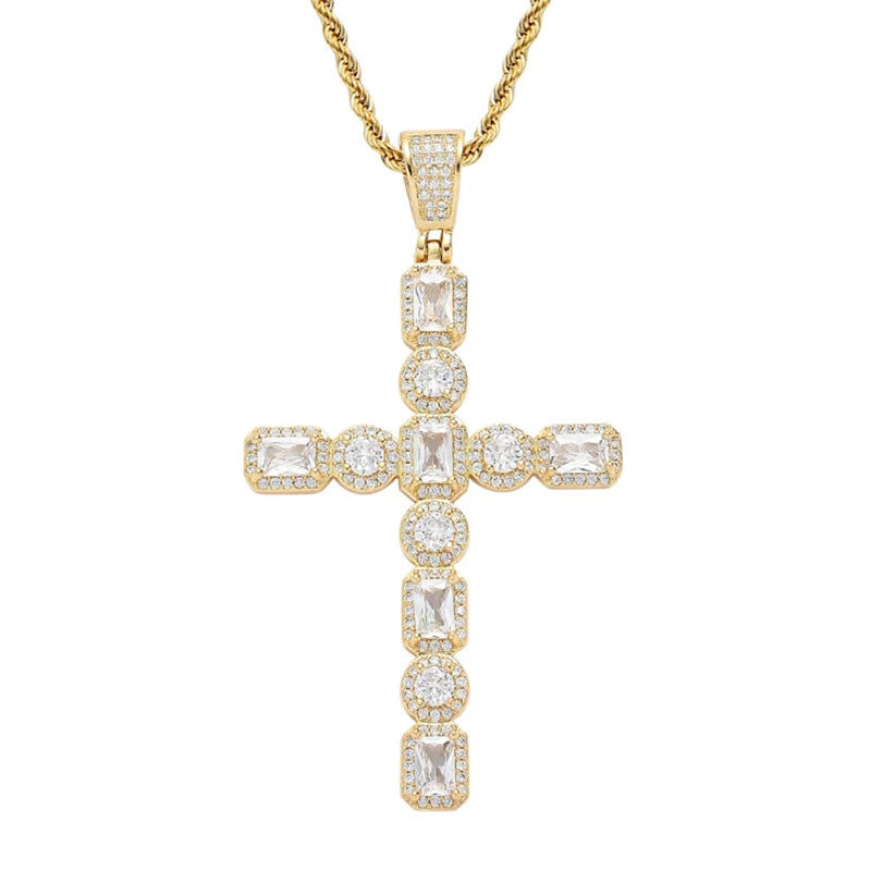 Hip Hop Rhinestone Men Necklace Big Cross Pendant Chain