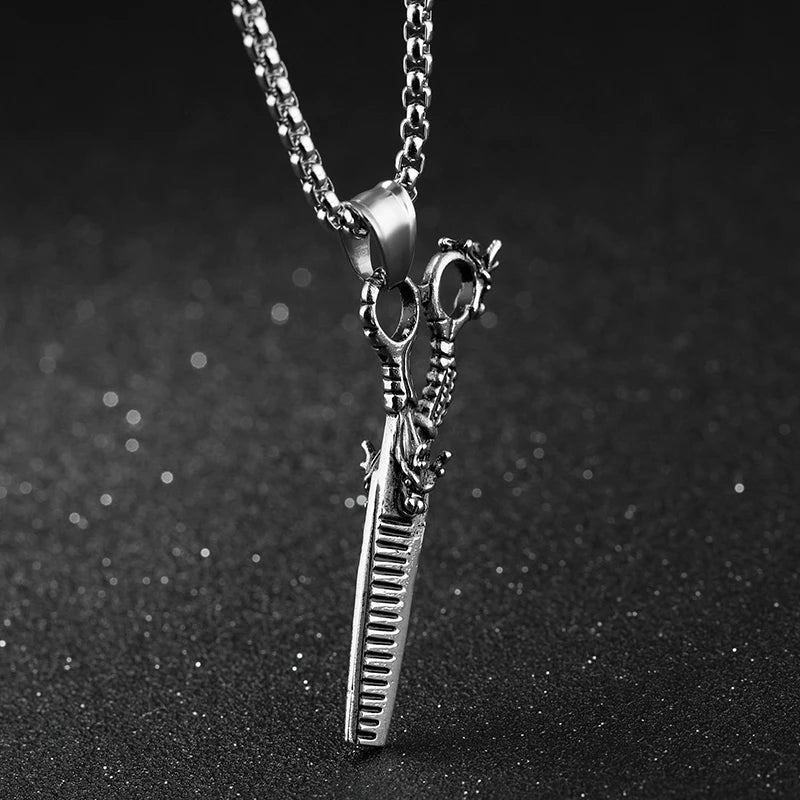 Hip Hop Rock Dragon Scissors Necklace Silver Stainless Steel Barber