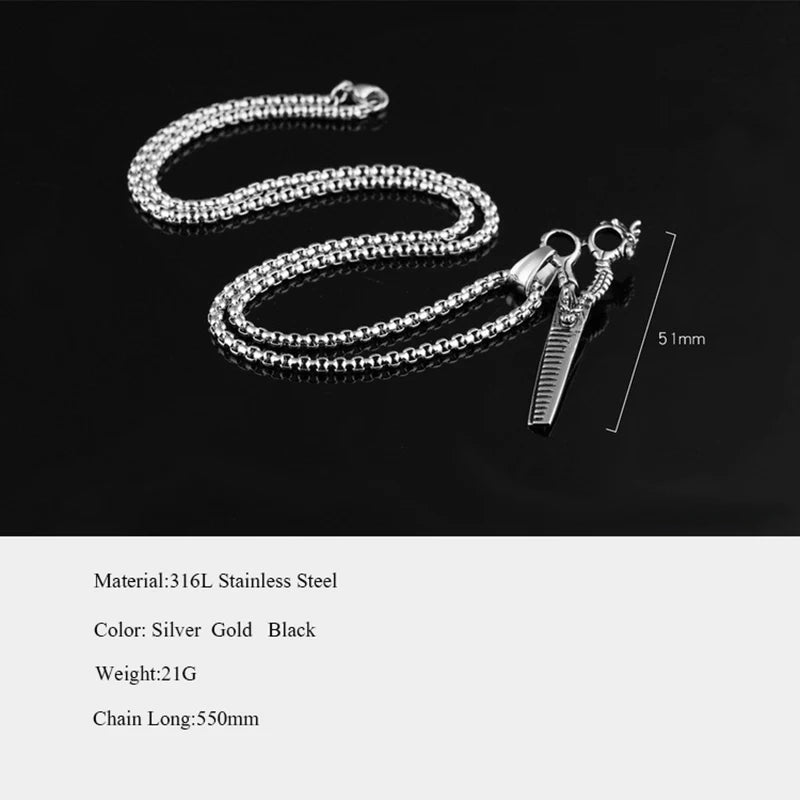 Hip Hop Rock Dragon Scissors Necklace Silver Stainless Steel Barber