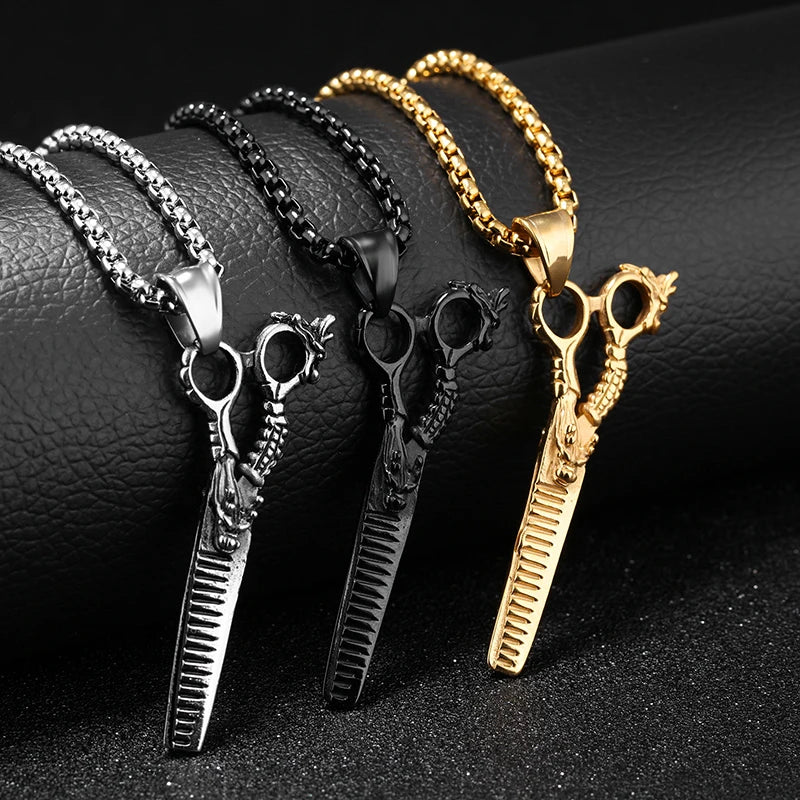 Hip Hop Rock Dragon Scissors Necklace Silver Stainless Steel Barber