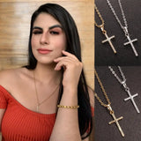 Hip Hop Small Cross Long Pendant Necklace Silver Link Chain Choker