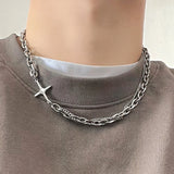 Hip Hop Stainless Steel Cross Necklace Double Layer Splicing Chain Charm Jewelry