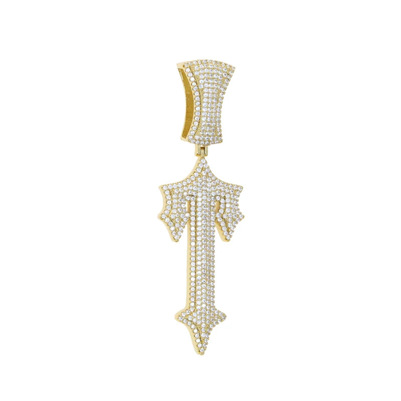 Hip Hop Sward Cross Pendant Paved Cz Stone for Women Men T Shape Letter Necklace