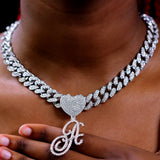 Hip Hop Unisex Bling A-Z Cursive Heart Letters Pendant Necklace