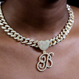 Hip Hop Unisex Bling A-Z Cursive Heart Letters Pendant Necklace