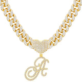 Hip Hop Unisex Bling A-Z Cursive Heart Letters Pendant Necklace