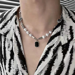 Hip-hop Rhinestones Pendant Pearl Necklace Men Steel Necklace