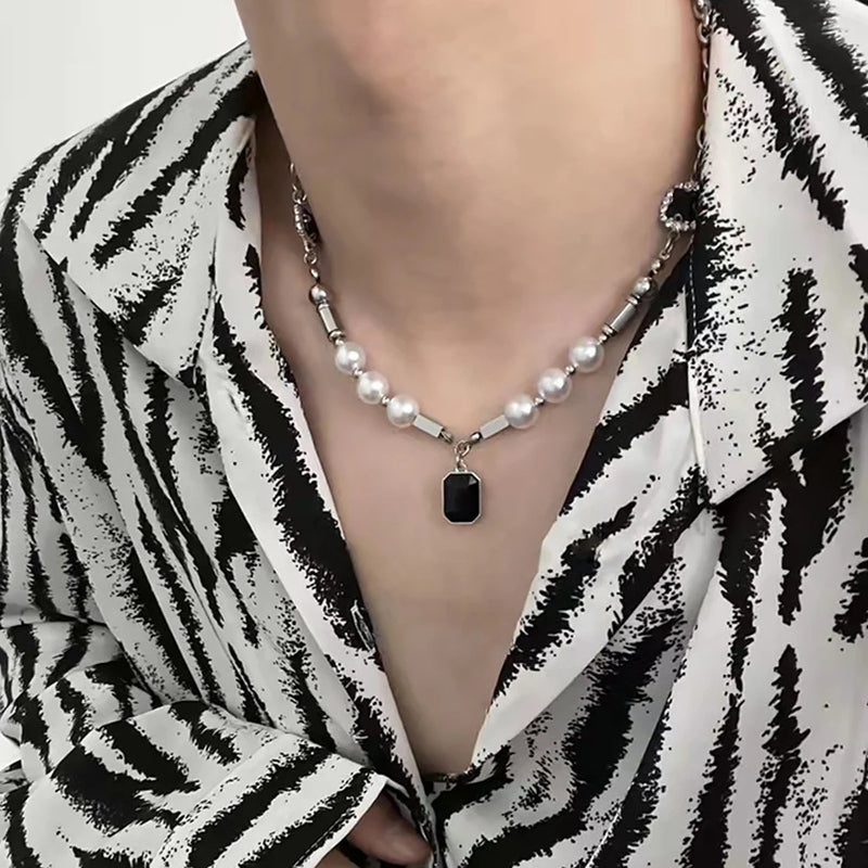 Hip-hop Rhinestones Pendant Pearl Necklace Men Steel Necklace