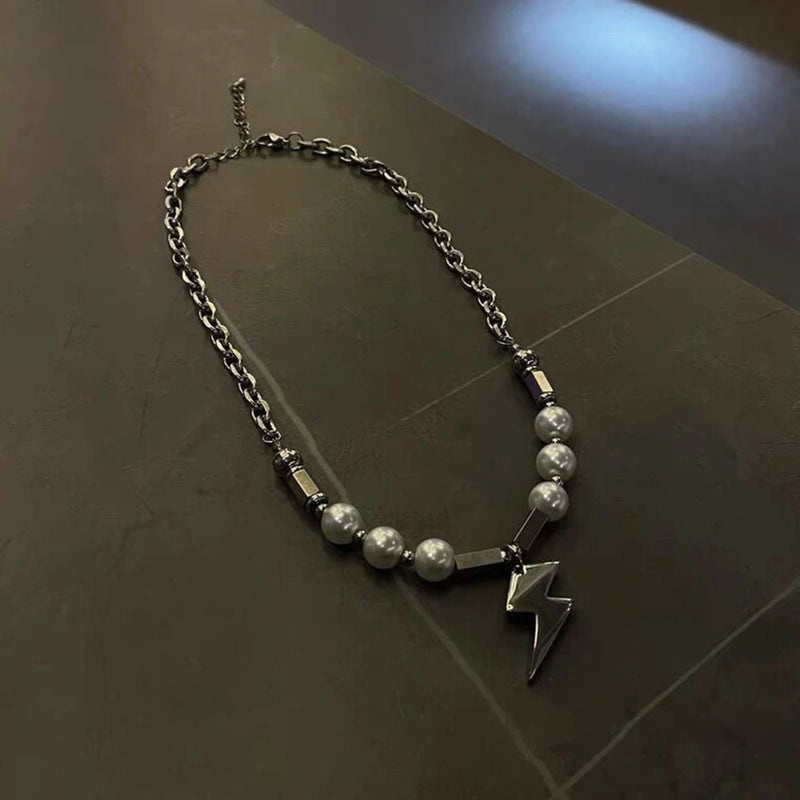 Hip-hop Lightning Pendant Necklace Stainless Steel Chain Pearl Necklace