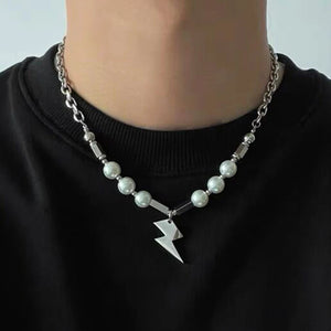 Hip-hop Lightning Pendant Necklace Stainless Steel Chain Pearl Necklace