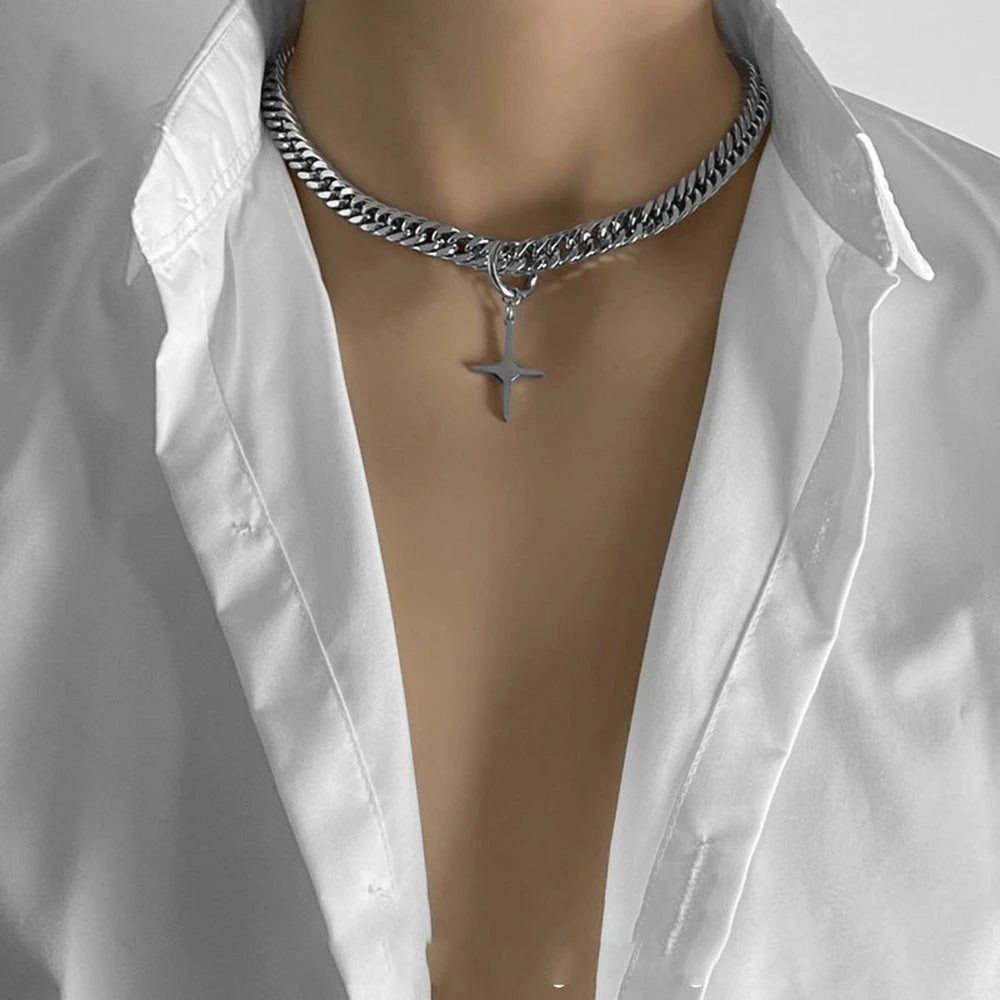 Hip-hop Tide Silver Cuban Chain Pendant Necklace Men Jewelry Choker