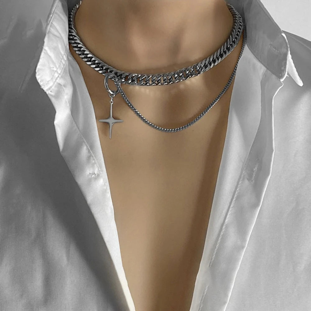 Hip-hop Tide Silver Cuban Chain Pendant Necklace Men Jewelry Choker