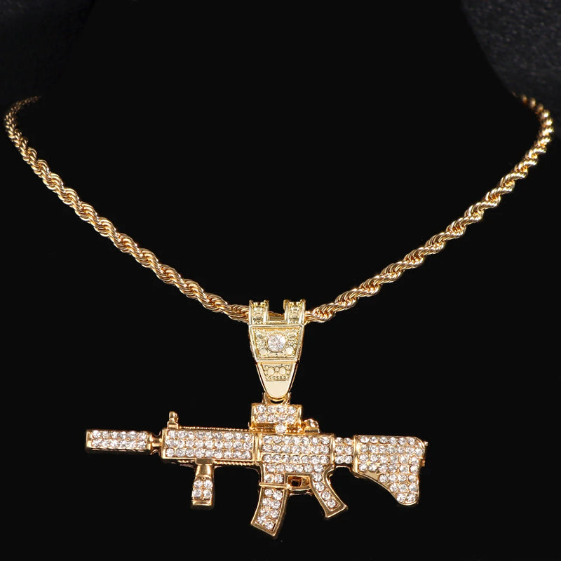 Gun Pendant Necklace AK47 13mm Miami Chain Rock Jewelry