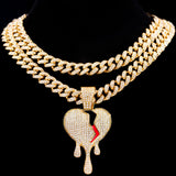 HipHop Iced Out Chains Broken Heart Pendant Cuban Link Necklace