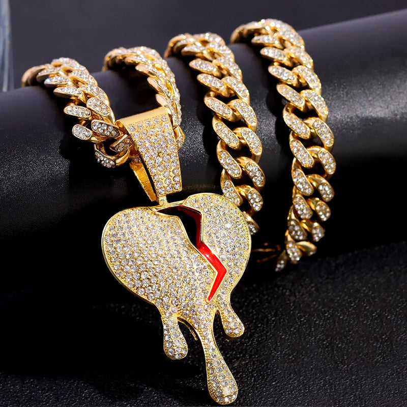 HipHop Iced Out Chains Broken Heart Pendant Cuban Link Necklace