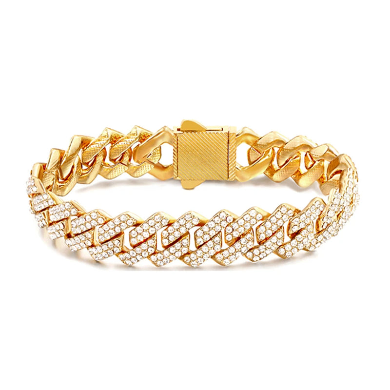 HipHop 13/14MM Prong Cuban Link Chain Bracelet Iced Out 2 Row