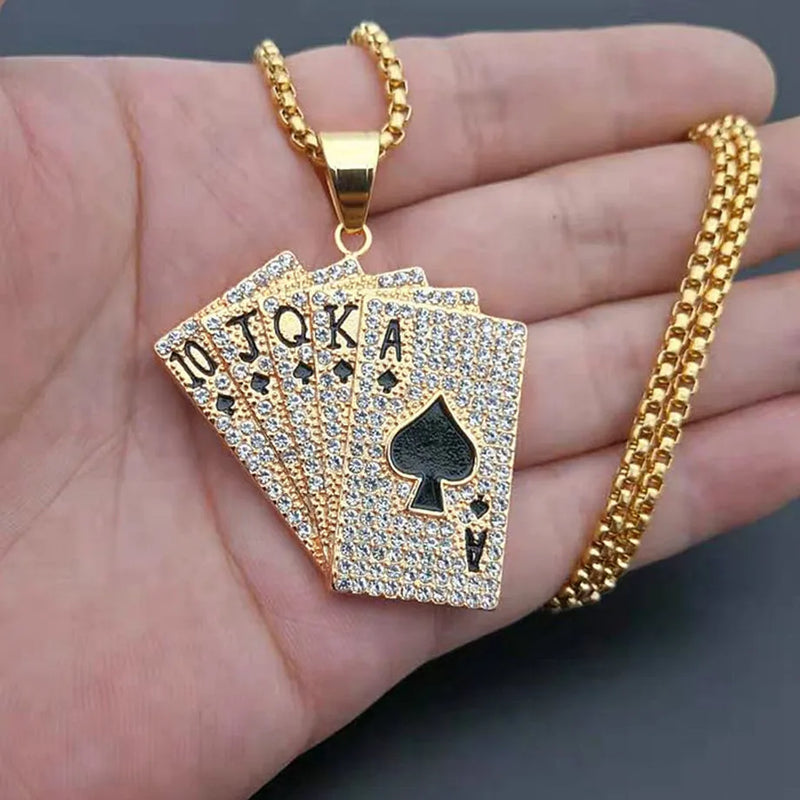 HipHop Straight Flush Pendant With Steel Chain Golden Jewelry