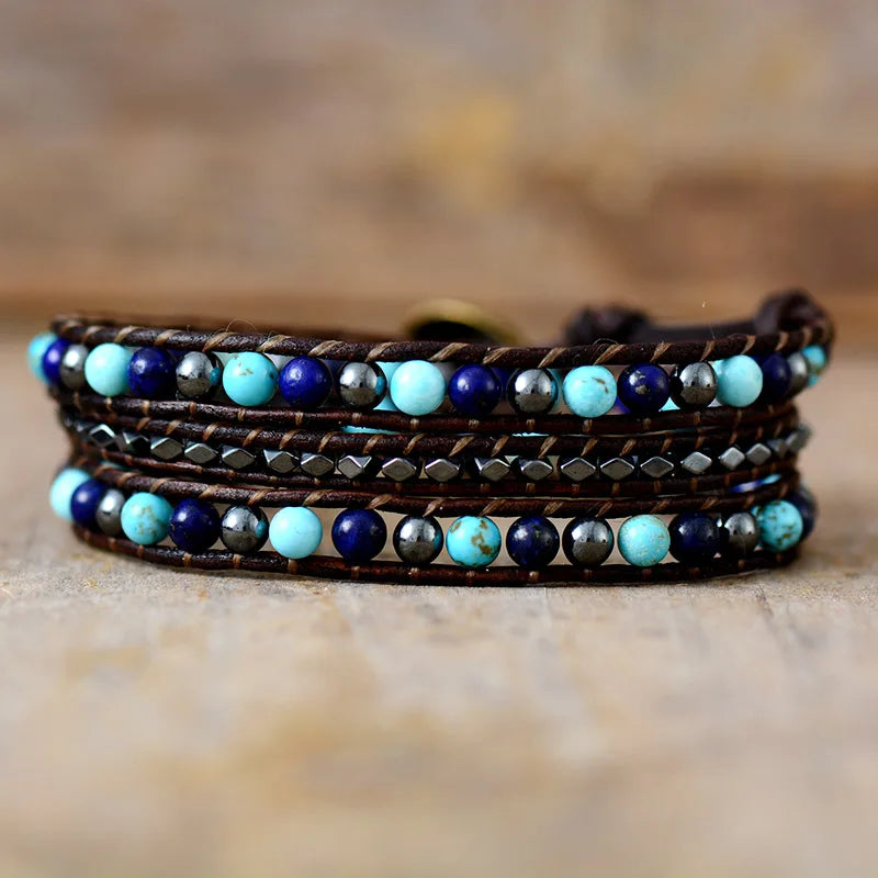 Vintage Leather Wrap Bracelet Hematite Turquoises Lapis