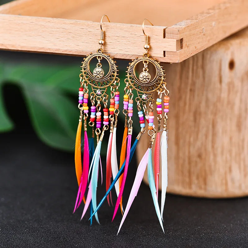 Hippie Geometric Tassel Dangle Earrings Boho Jewelry