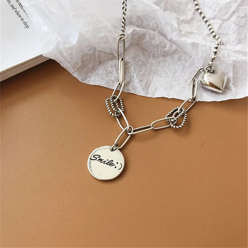 Vintage Thai Silver Round Heart-shaped Pendant Necklace for Women