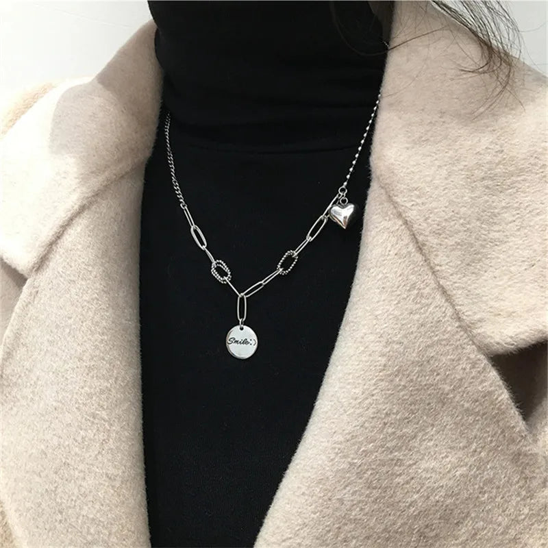 Vintage Thai Silver Round Heart-shaped Pendant Necklace for Women