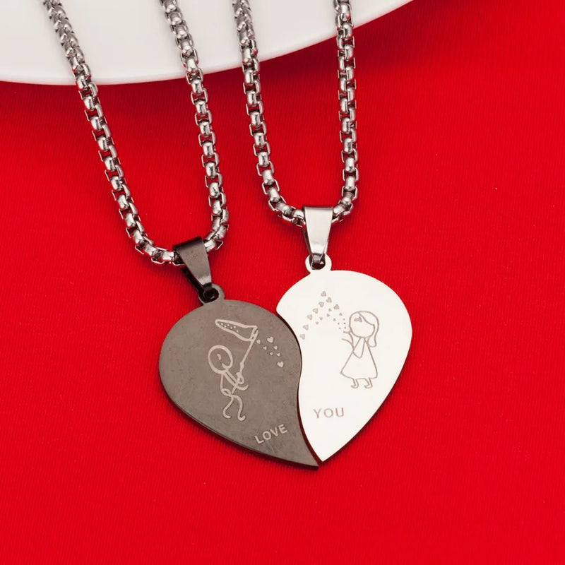 Couples Heart Love Sweethearts Pendant Necklace Stainless Steel Jewelry
