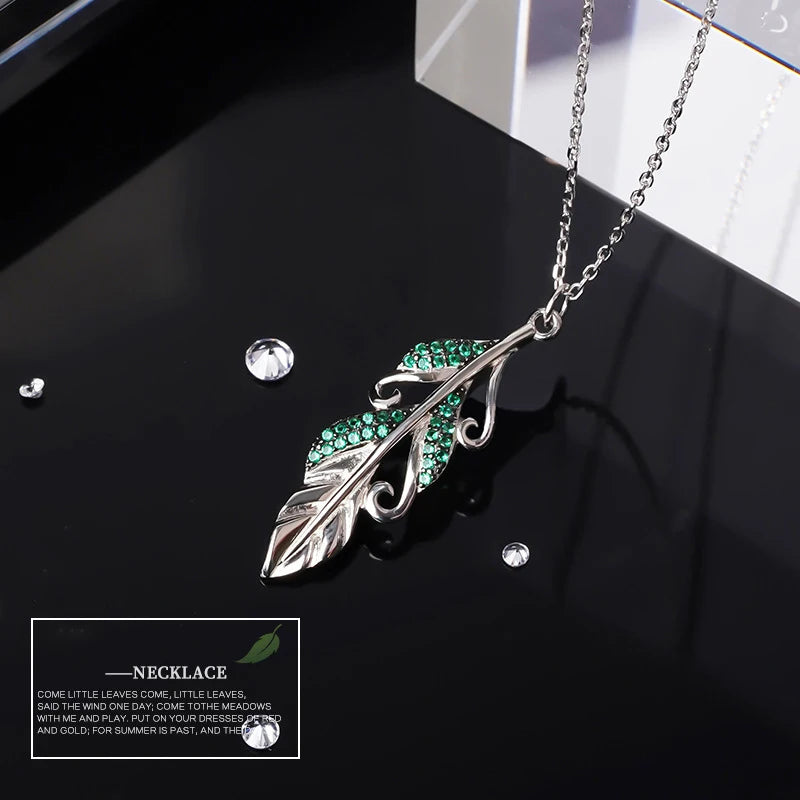 925 Silver Leaf Necklace Crystal Zircon Pendant