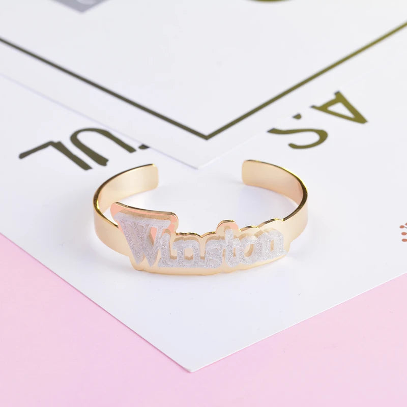 Hiyong Name Bangle, Personalized Women Nameplate Bangles Double Layer Bracelet
