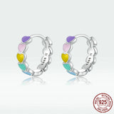 925 Silver Heart Earrings Multicolor Enamel Hoop Rainbow Jewelry