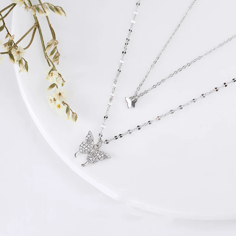 Hiyong Butterfly Pendant Necklace Double Layer Women Silver Jewelry