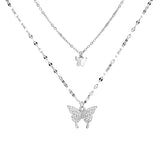 Hiyong Butterfly Pendant Necklace Double Layer Women Silver Jewelry