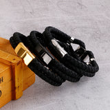 Men's Stainless Steel Leather Bracelet 2 Layer Braided 215*12mm