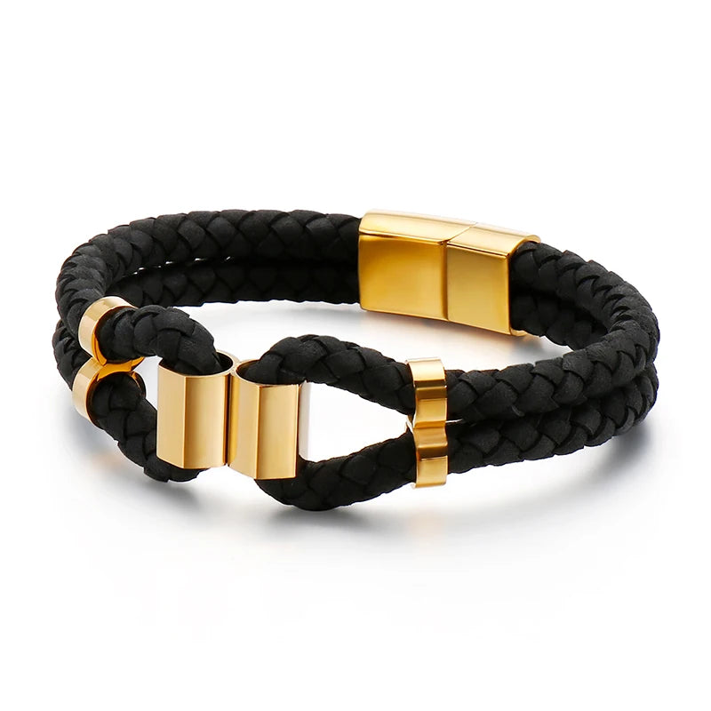Men's Stainless Steel Leather Bracelet 2 Layer Braided 215*12mm