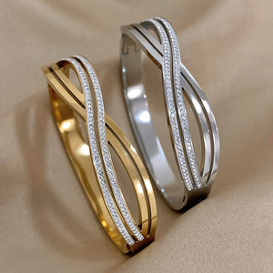 Hollow Crossed Rhinestone Stainless Steel Bracelet Cuff